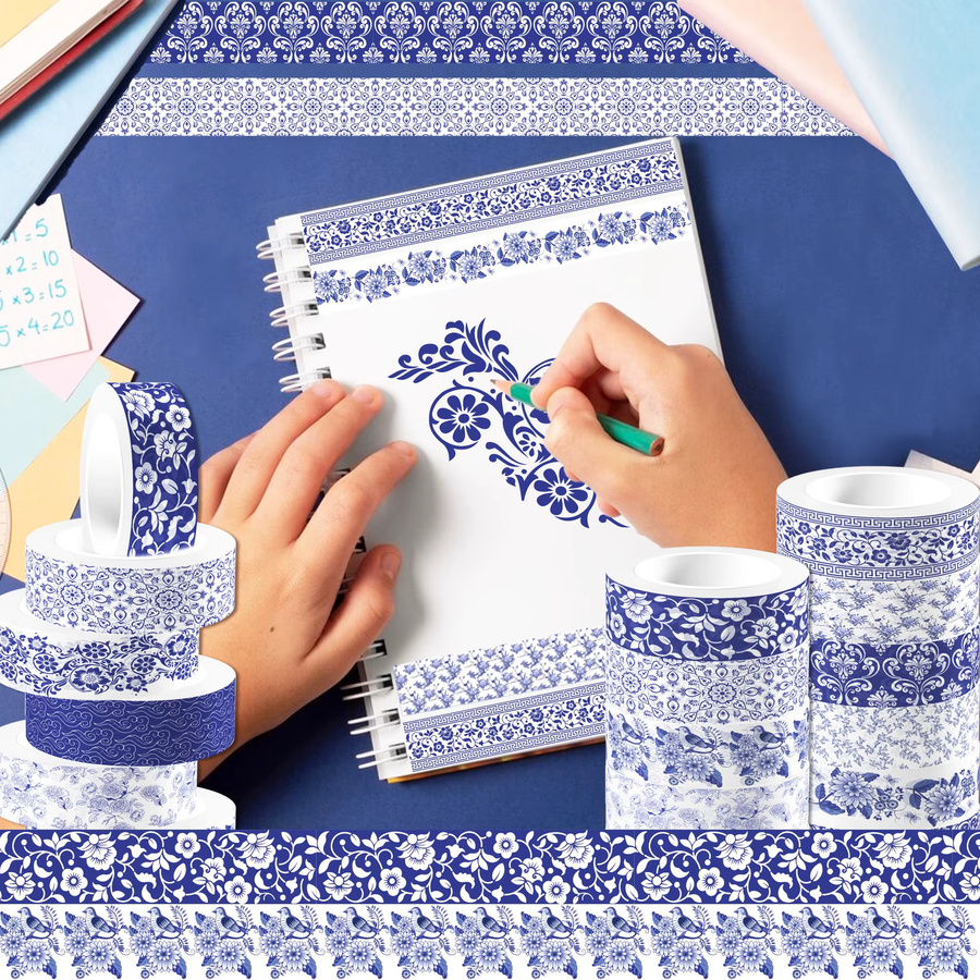 12 Stück Washi Tape Set mit blau-weißem Porzellan-Design und Blumenmustern für Scrapbooking und DIY Dekoration - Bild 2