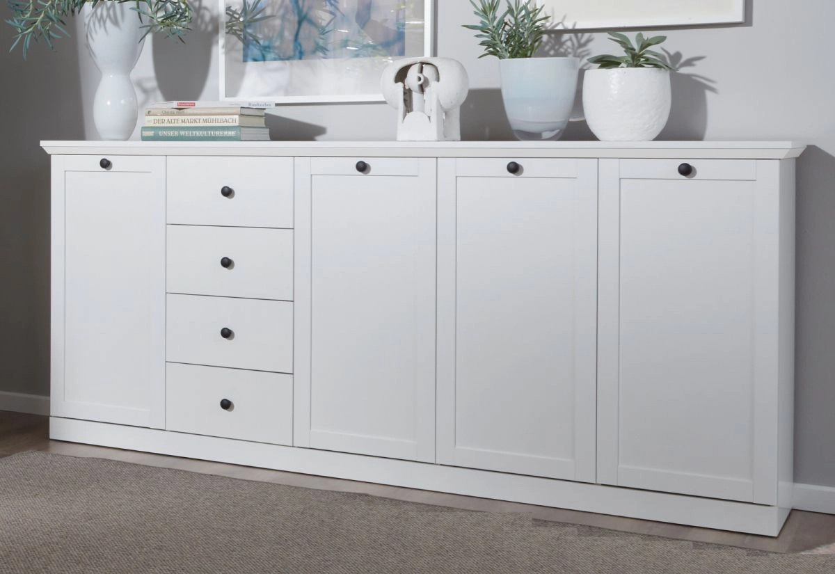 Sideboard Milla in Weiß im Landhausstil mit silbernen Akzenten, Breite: 195 cm - Bild 1