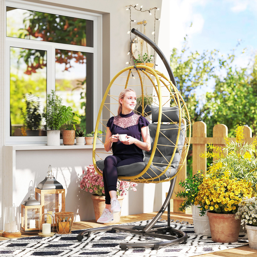Outsunny Hängesessel mit Faltkorb und Kissen, moderner Garten Schaukelstuhl aus PE Rattan und Stahl, Schwarz Grau Beige, B/T/H: 102 x 102 x 195 cm - Bild 2