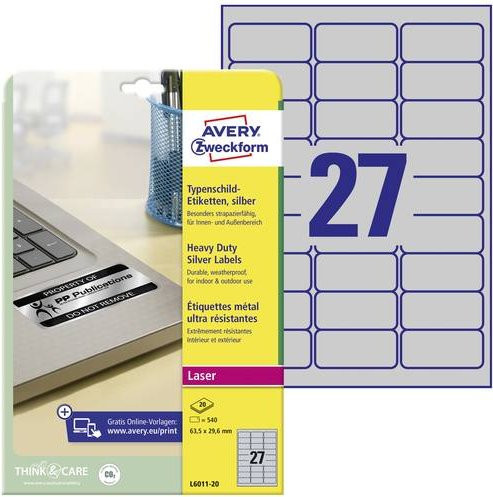 Avery Zweckform L6011-20 Typenschild-Etiketten aus silberner Polyesterfolie für Laserdrucker, 540 Stück, Breite: 63,5 mm, Höhe: 29,6 mm - Bild 1