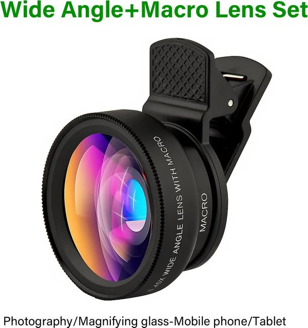 2-in-1 Clip-on Kamera-Objektiv-Kit mit 12,5x Makro und 0,45x Weitwinkel für iPhone, Samsung, Google und Xiaomi in Schwarz - Bild 1
