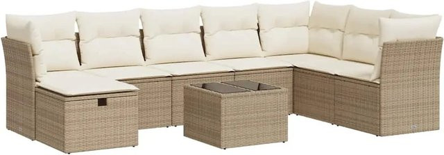 vidaXL 9-tlg. Garten-Sofagarnitur in L-Form aus Poly-Rattan mit Kissen in Beige-Creme - Bild 1