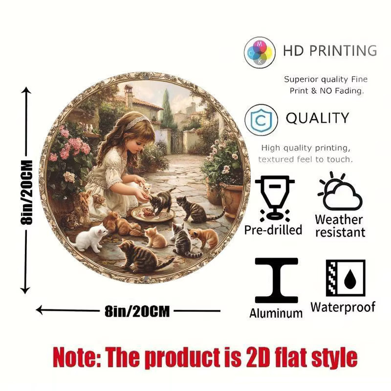 Rundes Aluminiumschild Potdemiel mit Mädchen- und Katzenmotiv in Vintage-Optik, Durchmesser: 20 cm - Bild 2