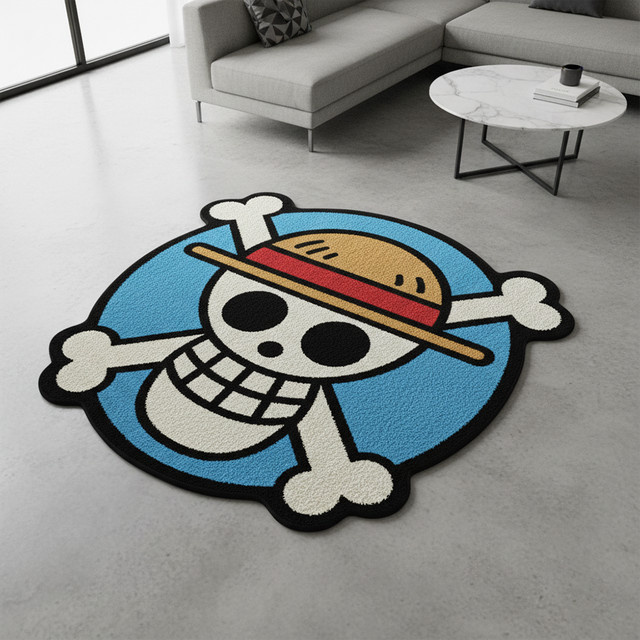 Handgeknüpfter One Piece Anime Teppich mit Luffy Motiv in Blau für dein Kinderzimmer - Bild 1