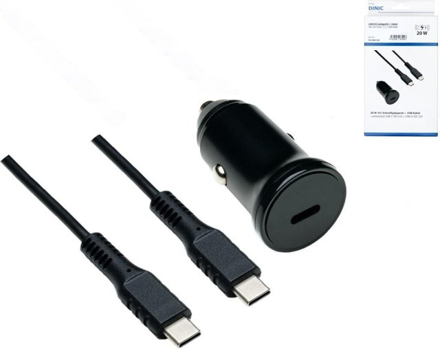 DINIC USB-C KFZ Schnellladegerät mit USB-C Kabel, 20 W, Schwarz, Kabellänge: 1,5 m - Bild 1