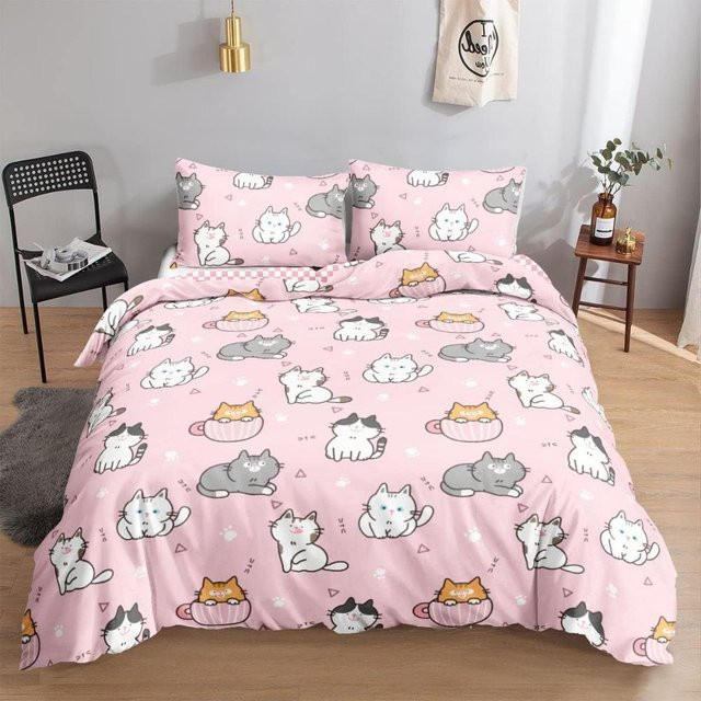 Bettwäsche-Set mit Katzen-Checkmuster von Binchi Fitness in Rosa, bestehend aus Bettbezug und Kissenbezug aus Mikrofaser, B/H: 140 x 210 cm - Bild 1