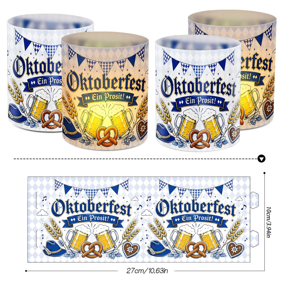 12 Stück Kerzenlampenschirme im Oktoberfest-Design mit blau-weiß kariertem Muster, Bierkrügen und Brezeln, Farbe: Blau-Weiß/Mehrfarbig, Durchmesser: 27 cm - Bild 2