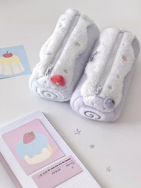 Sommer6 Swiss-Roll Plüsch-Federmäppchen in Beige und Weiß für Schüler und Studenten - Bild 1
