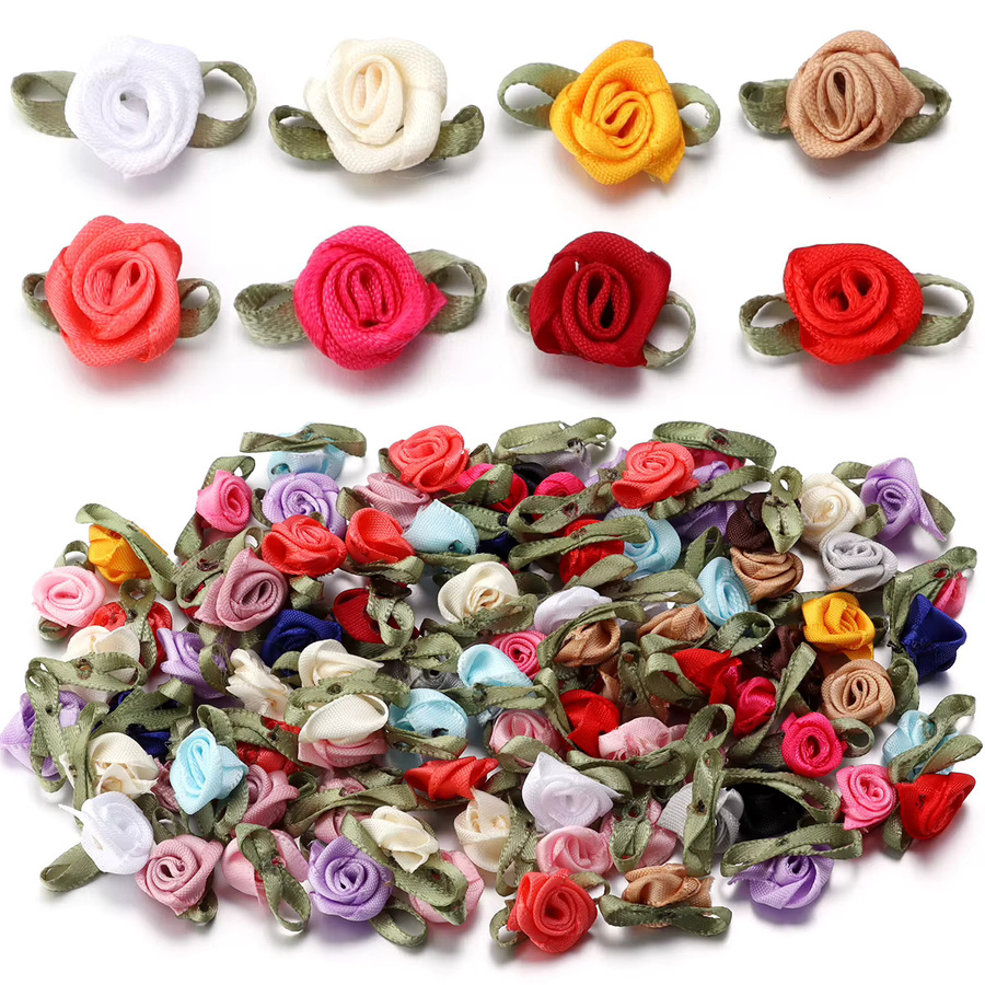 50 Stück Satinband-Rosenblumen mit grünen Blättern in Pink und Multicolour für DIY-Dekorationen, Nähen und Hochzeiten - Bild 5