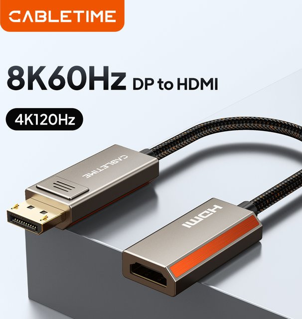 CABLETIME DP zu HDMI Adapter mit 8K 60Hz und 4K 144Hz Unterstützung, DisplayPort auf HDMI Adapter aus Zinklegierung für PC, Monitor, PS5 und HDTV - Bild 1