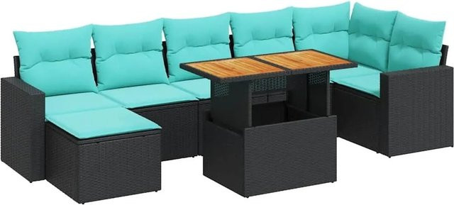 vidaXL 8-teilige Garten-Sofagarnitur in L-Form aus schwarzem Poly-Rattan mit Kissen und pulverbeschichtetem Stahlgestell - Bild 1