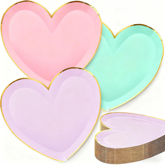 8 Stück herzförmige Papierteller in Gold und Grün für Valentinstag, Hochzeit und Geburtstag, Durchmesser: 22,86 cm - Bild 1