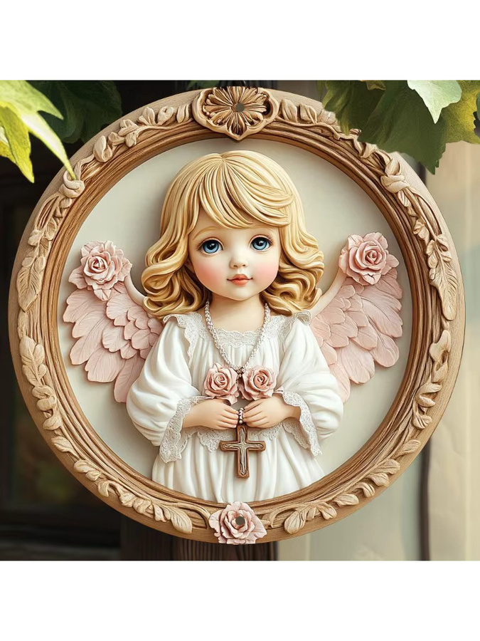 Potdemiel Vintage Angel Girl Wandkunstschild aus Aluminium mit Blumen- und Kreuzdesign, rund, Mehrfarbig, Durchmesser: 20,3 cm - Bild 5