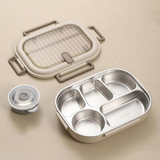 Isolierte Bento-Lunchbox aus Edelstahl mit Unterteilung und Besteck in Beige von Yiran Furniture, mikrowellengeeignet und auslaufsicher - Bild 1