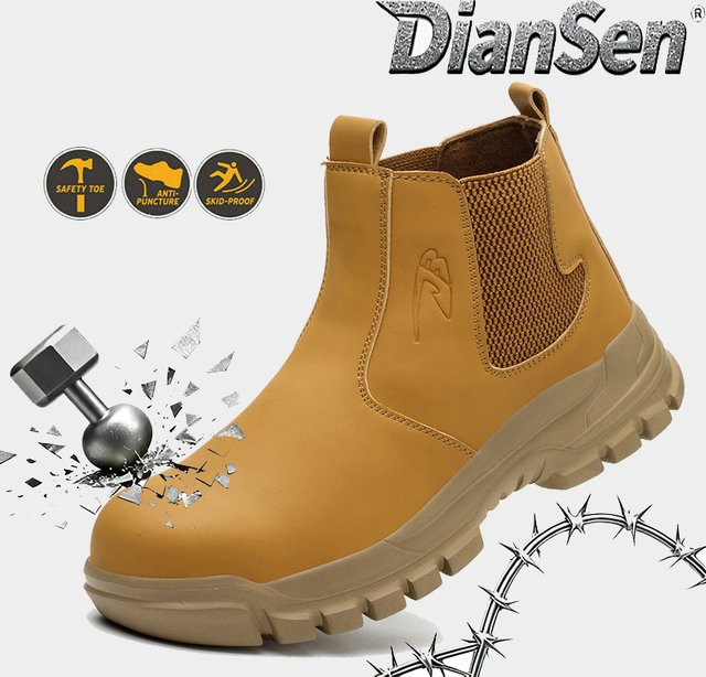 DianSen Sicherheits-Arbeitsstiefel mit Stahlkappe, pannensicher und rutschfest in Gelb und Braun - Bild 1
