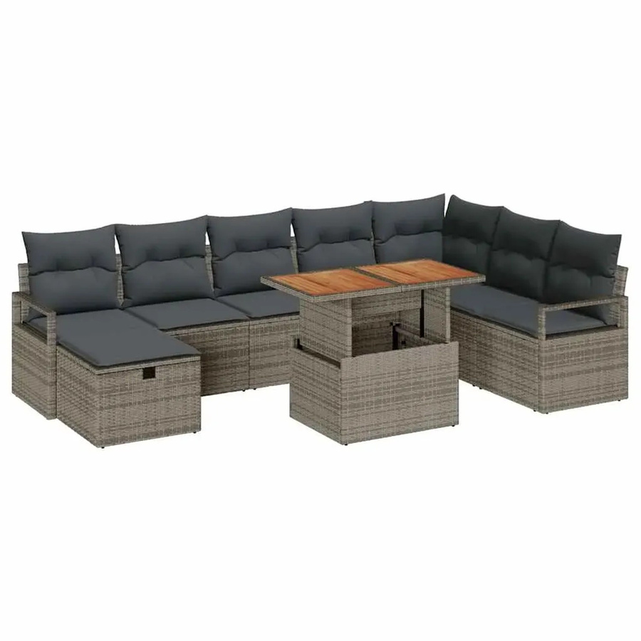 vidaXL Garten-Sofa-Set aus Polyrattan in Grau mit 9 Teilen inklusive Ottomane, Couchtisch und Kissen für Terrasse und Garten - Bild 2