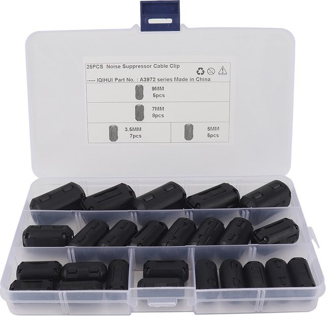 25-teiliges Ferritkern-Ringklemmen-Set von APWIKOGER in Schwarz mit den Größen 3,5mm, 5mm, 7mm und 9mm als RFI EMI Störungs-Magnetfilter - Bild 1