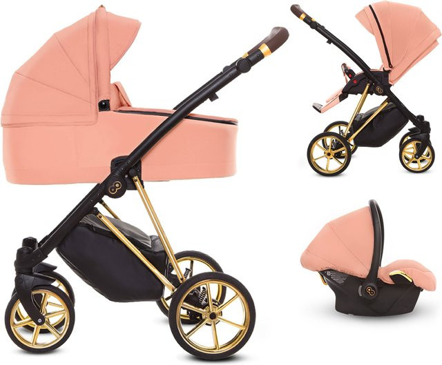 TPFLiving 3in1 Kinderwagen Ultra Stoff in Apricot mit Gestell in Gold - Bild 1