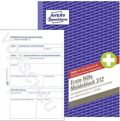 Avery Zweckform Meldeblock Erste Hilfe DGUV Vorschrift 1, 50 Blatt, DIN A5, Blau/Weiß - Bild 1
