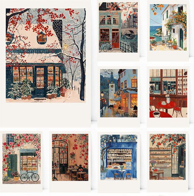 Potdemiel Wandkunst Leinwandmalerei Vintage Stadtlandschaft und Café Motiv in Mehrfarbig - Bild 1