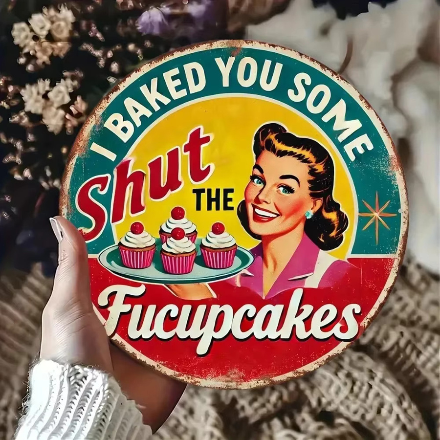 CIFBUY Vintage Cupcakes Wandkunst aus Metall in Mehrfarbig, Runde Wanddekoration mit Typografie Motiv, Durchmesser: 20 cm - Bild 4