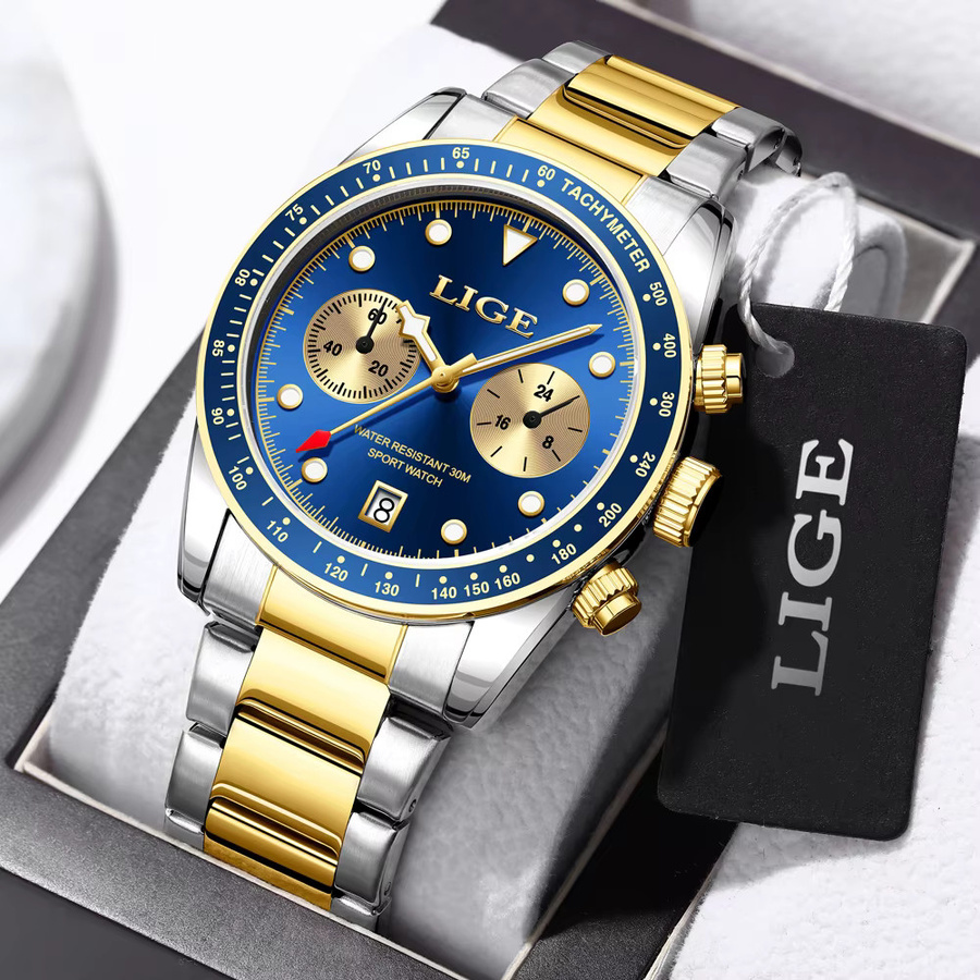 LIGE Armbanduhr, Quarz, Edelstahl, Bicolor, Blau, Herren - Bild 2