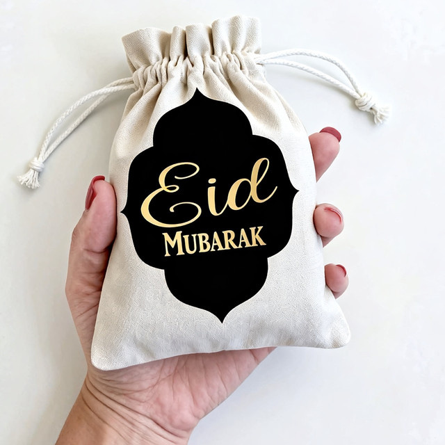 5 Stück Baumwoll-Geschenkbeutel mit Eid-Muster für Ramadan und Eid Mubarak, B: 10,2 cm, H: 15,2 cm - Bild 1
