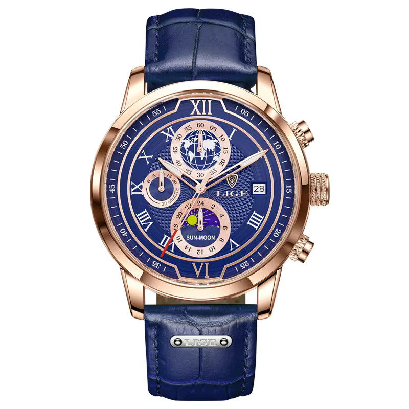 LIGE Armbanduhr Chronograph, Quarz, Leder, Roségold, Blau, Herren - Bild 7