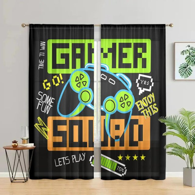 2er-Set Vorhänge mit Gamecontroller-Motiv in Grün, halbtransparent, B: 150 cm, H: 166 cm - Bild 1