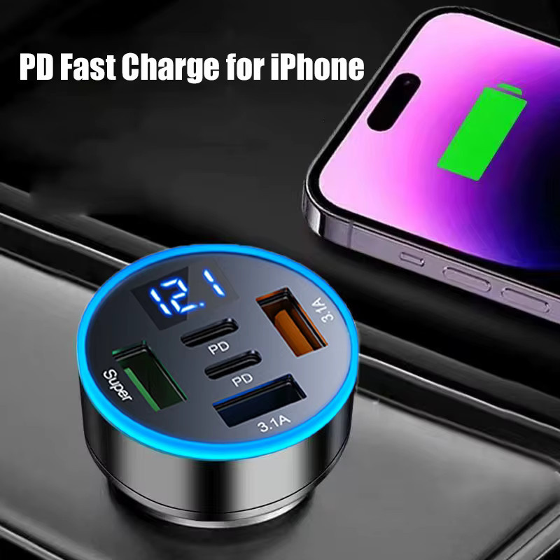 UYUXIO USB-C Autoladegerät-Adapter mit Spannungsanzeige in Schwarz mit 2 PD und 3 USB-A Anschlüssen für Samsung, iPhone, Huawei, OnePlus und OPPO - Bild 6