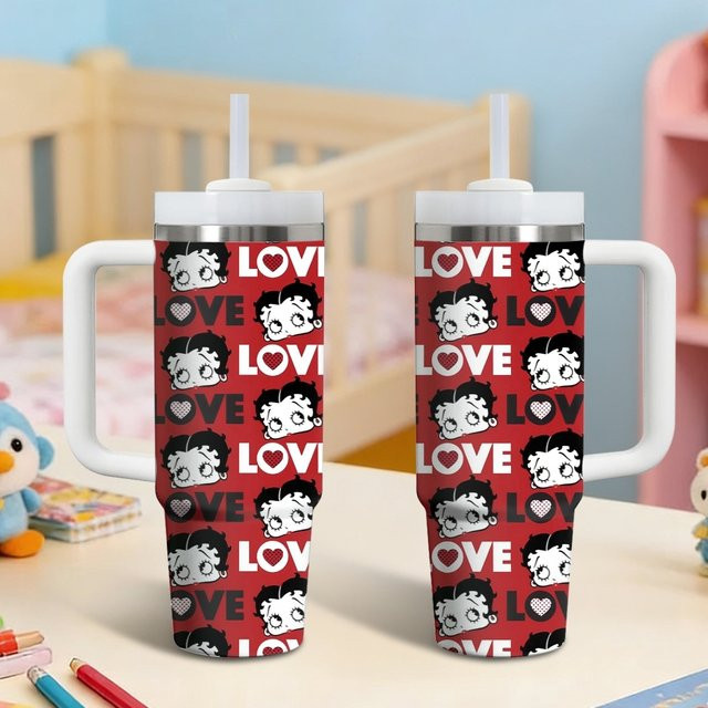 B-Betty B-Boop Vakuum-Thermosflasche aus Edelstahl, isolierter Reisebecher mit Griff und Strohhalm, White/Multicolour, 1,18 l - Bild 1