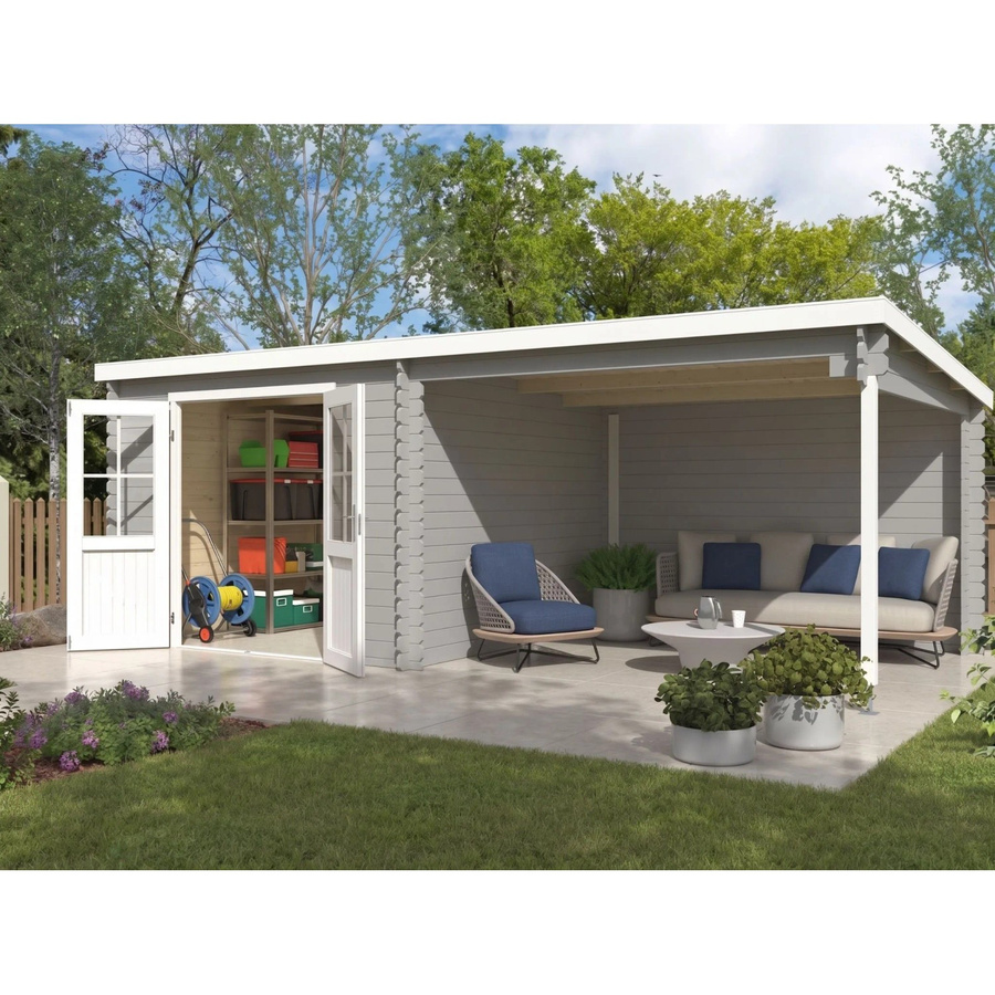 Lasita Gartenhaus Orlando Log Cabin mit Anbaudach in Hellgrau, Wandstärke 28 mm, B/T/H: 595 x 309 x 211 cm - Bild 2