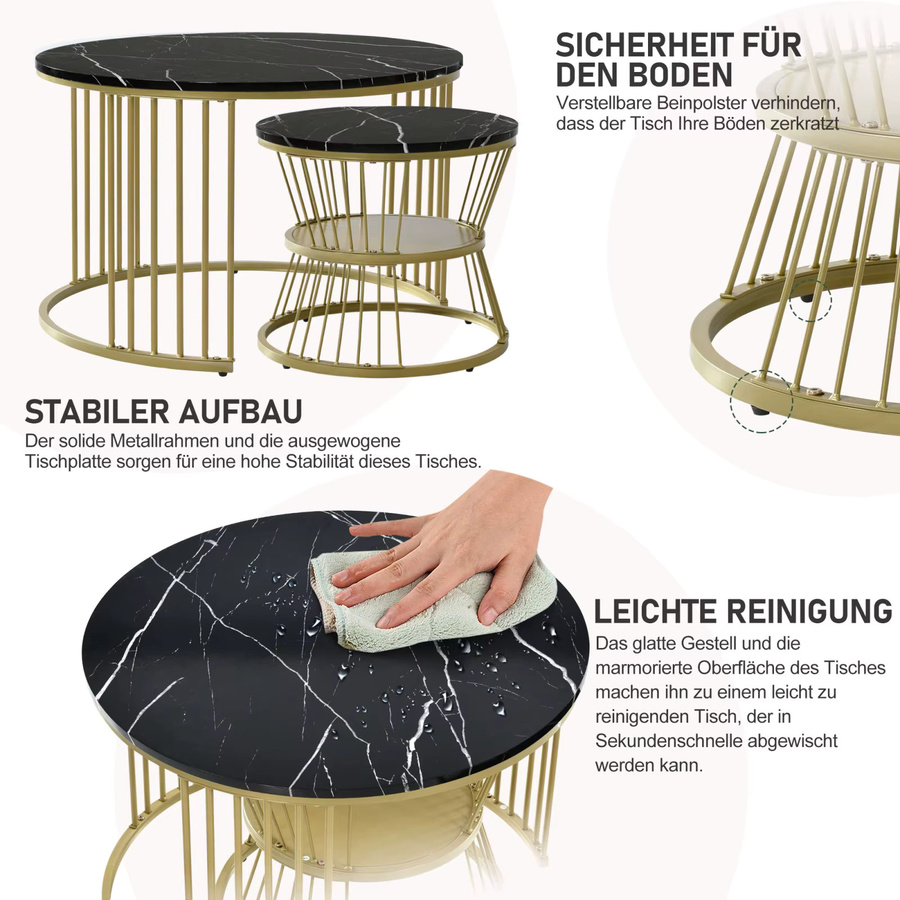 Creahappy Couchtisch-Set Schwarz Modern mit runden Marmor-Tischplatten und glänzendem Finish - Bild 5