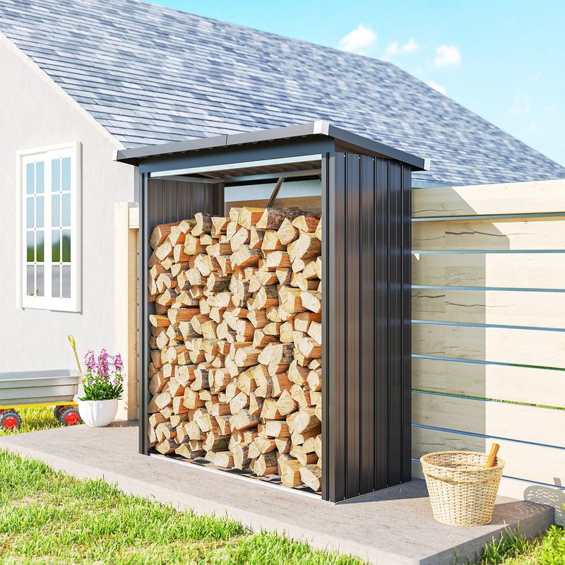Outsunny Kaminholzregal für den Außenbereich aus Stahl mit Pultdach in Dunkelgrau, B/T/H: 150 x 66,5 x 150 cm - Bild 2