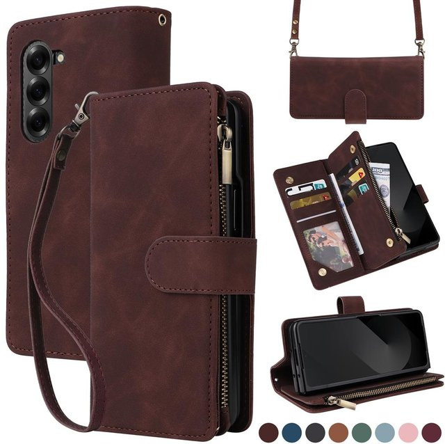 Leder-Crossbody-Tasche für Samsung Galaxy Z Fold 6 5 4 3 als Geldbörsenhülle mit Lanyard und Kartenfach in Braun - Bild 1