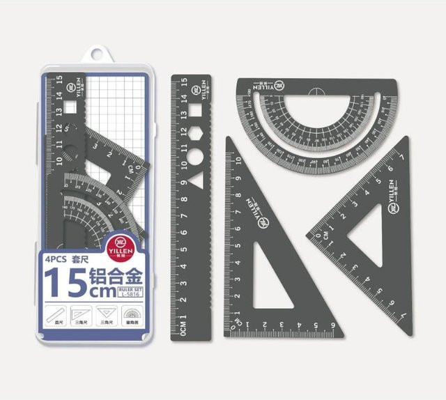 Super Six Geometrie-Lineal Set aus Aluminium, 4 Stück, Schwarz, Länge: 16,5 cm - Bild 1