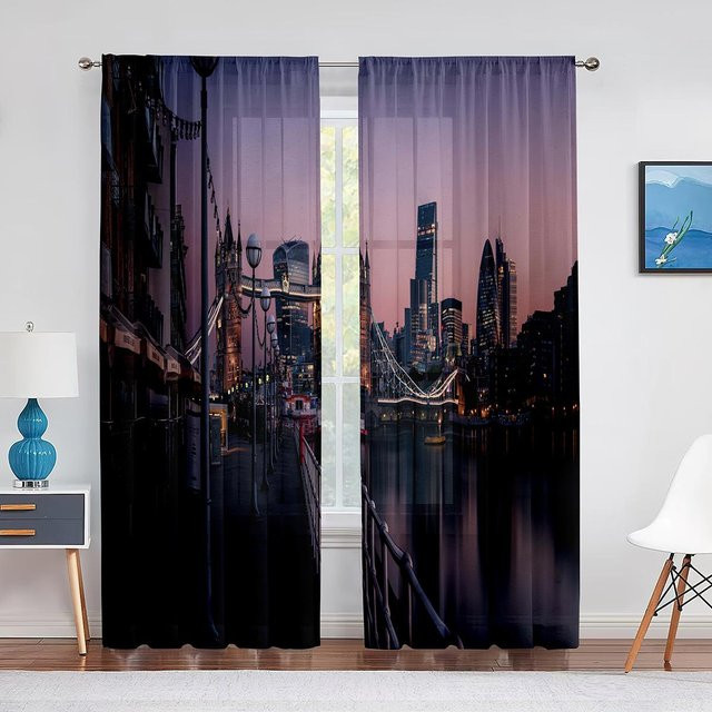 Super Six Sheer Voile Vorhang San Francisco Bay Bridge Skyline Motiv, Transparent Chiffon Tüll mit Ösen, Breite: 100 cm, Höhe: 250 cm - Bild 1