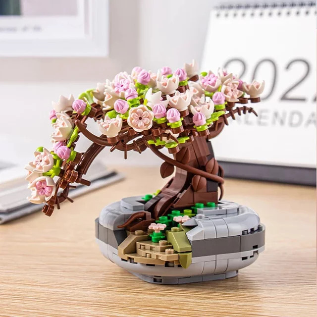 AMAZINGBLOKS Mini-Pflanzen-Bonsai-Baustein-Set, Kirschblütenbaum im Topf, Blumenstrauß-Modell - Bild 1
