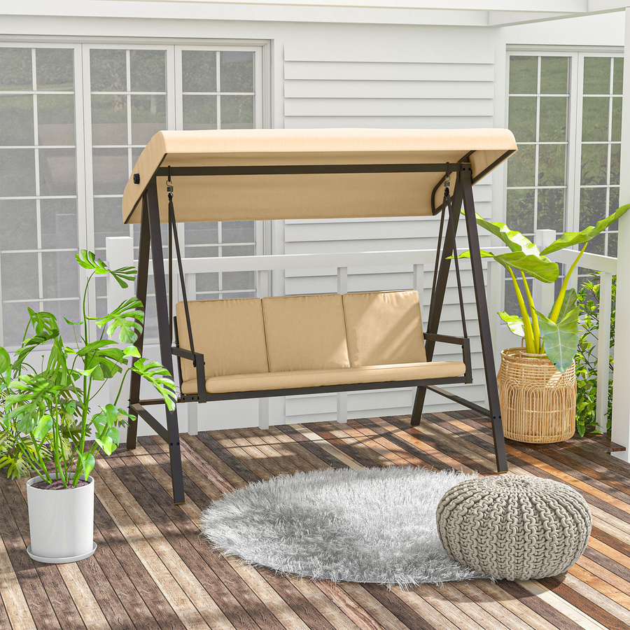 Outsunny 3-Sitzer Hollywoodschaukel mit verstellbarem Sonnendach und abnehmbaren Kissen, Beige-Braun, B/T/H: 200 x 125 x 175 cm - Bild 2