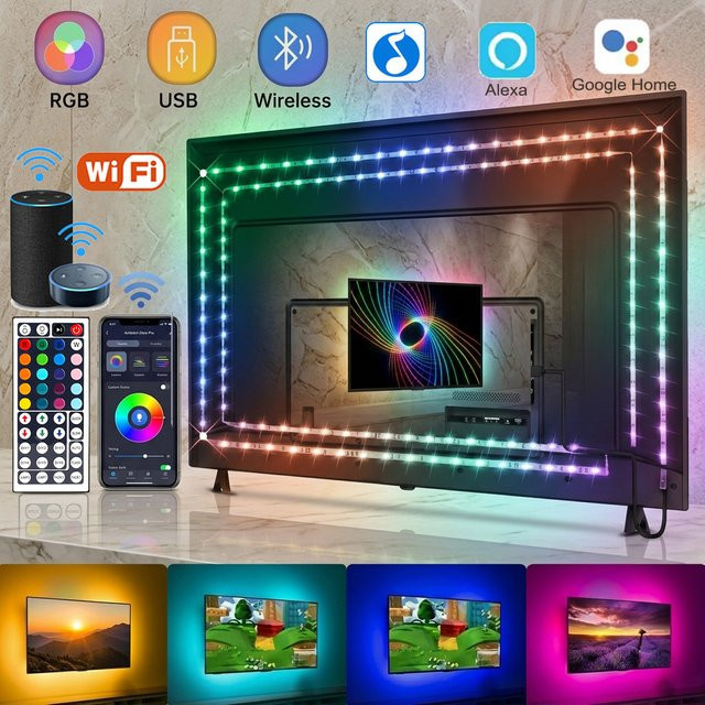 GHUSTAR RGB LED Lichtstreifen mit WLAN und Bluetooth für TV, USB 5V Smart Tape Light mit Fernbedienung und Sprachsteuerung, Multicolour - Bild 1