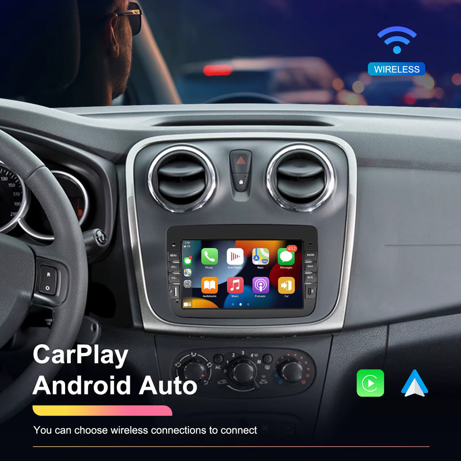 Podofo 2Din Android Autoradio mit Carplay, Android Auto, Mirror Link, GPS und WIFI in Schwarz für Renault Dacia Duster und Captur - Bild 2