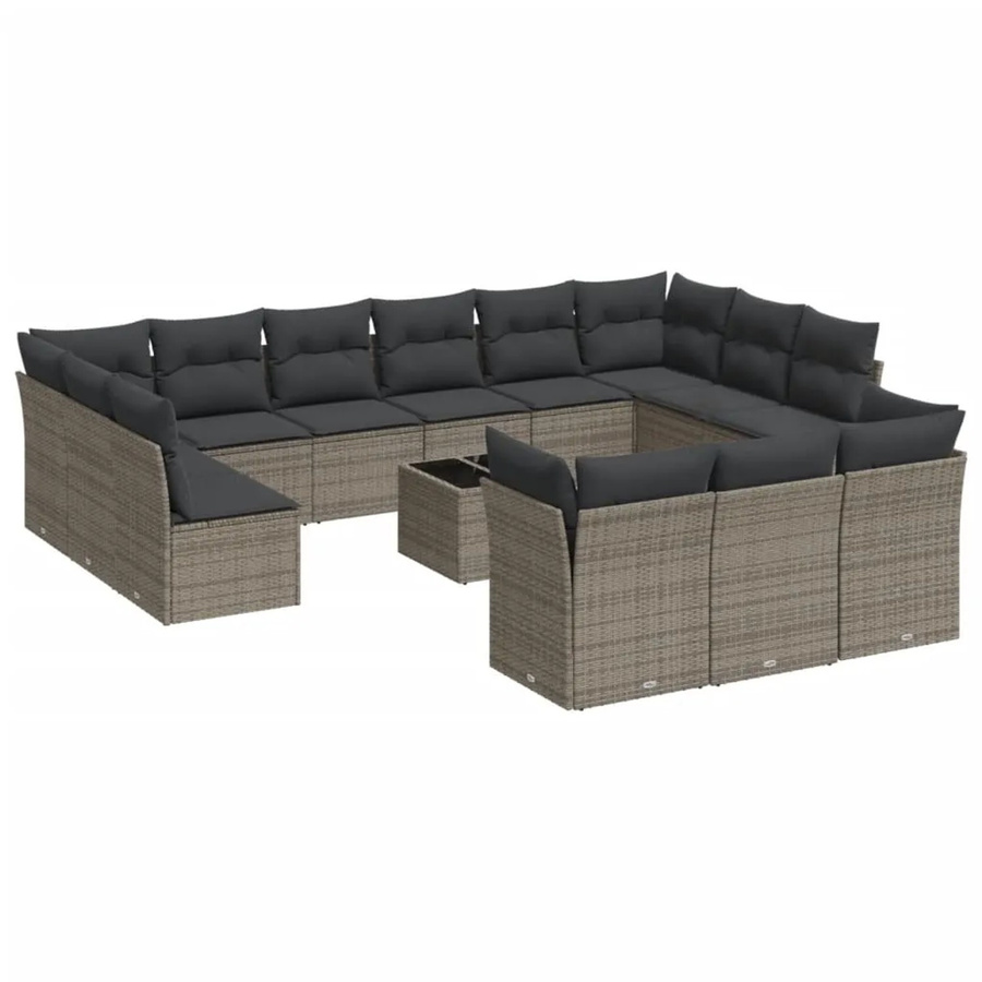 vidaXL 14-tlg Garten-Sofagarnitur aus Polyrattan in Grau mit Kissen und L-Form - Bild 2