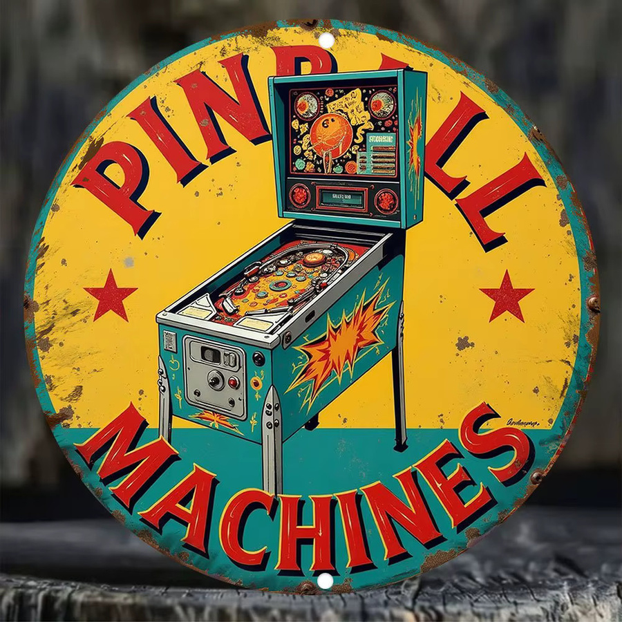 Potdemiel Vintage Pinball Machine Metallblechschild Retro Arcade Wandkunst, rund, Mehrfarbig, Durchmesser: 20,32 cm - Bild 2