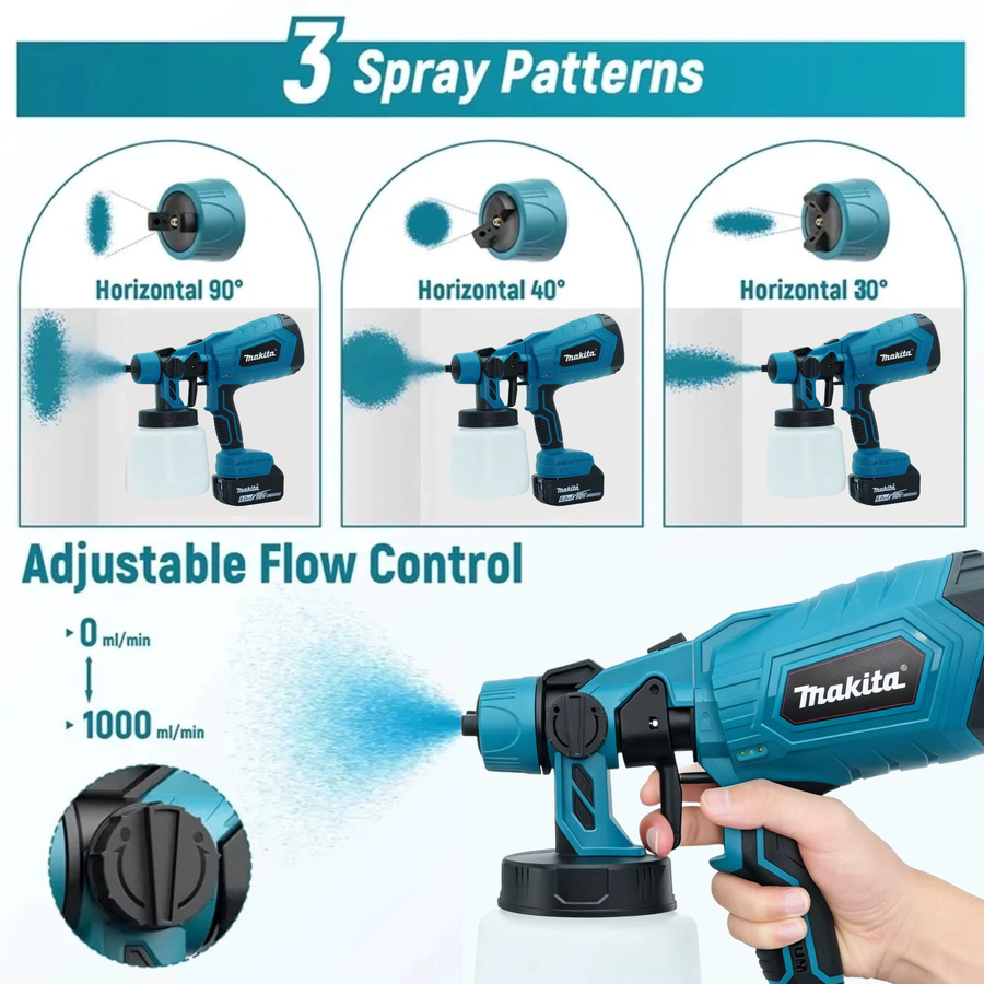 Makita Elektrische Farbspritzpistole Blau mit 1 l Behälter für 18V Akku als kabelloses Farbsprühgerät für Lackierarbeiten - Bild 2