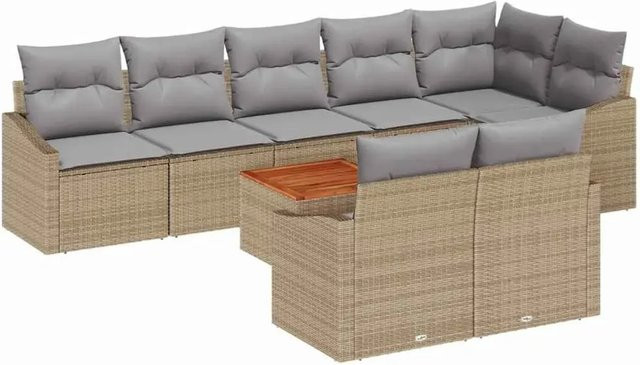 vidaXL Garten-Sofa-Set aus Poly-Rattan und Akazienholz in Beige mit 9 Teilen und Kissen - Bild 1