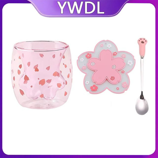 YWDL Doppelwandige Glas-Kaffeetasse mit Katzenmotiv, inklusive Löffel und Untersetzer, transparent - Bild 1