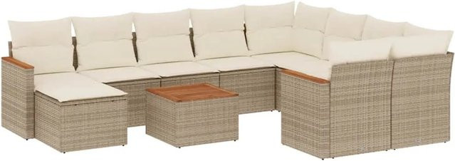 vidaXL 11-teilige Garten-Sofagarnitur aus Poly-Rattan und Akazienholz mit Kissen in Beige und Cremeweiß - Bild 1