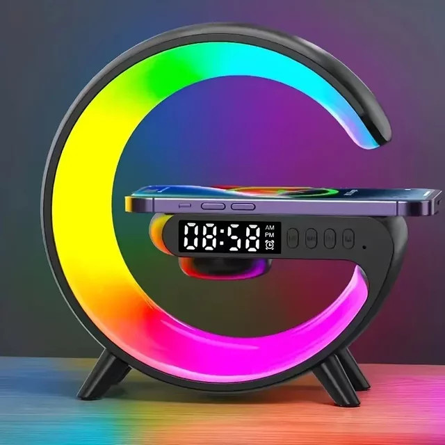 VIKEFON Multifunktions Drahtloses Ladegerät mit RGB-Licht, Wecker und Lautsprecher, Schnelles Lade-Dock für iPhone, Samsung und Xiaomi, Weiß, Multicolour - Bild 1