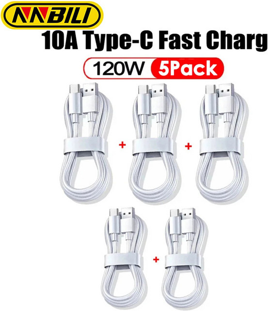 NNBILI 5er Set USB-C Schnellladekabel 120 W Datenkabel in Weiß für Samsung, Xiaomi und Huawei - Bild 1