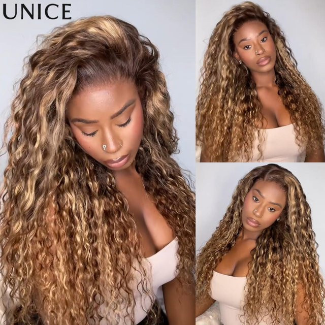 UNice Wasserwellen-Perücke, Honigblonde Highlights, 150 % Dichte, Echthaarperücke - Bild 1